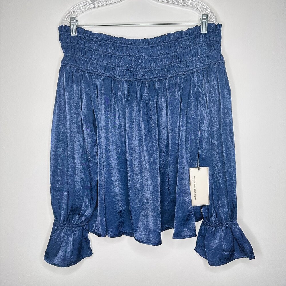 Coverstitched Blue Navy Off-the-Shoulder Blouse, Bell Sleeves -‎ Size L
